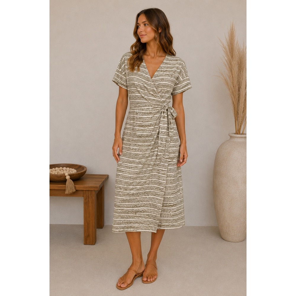 Prologue Wrap Dress Women Small Olive Cream Dotted Stripe Short Sleeve Midi